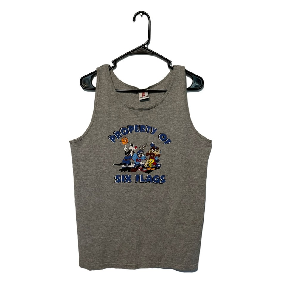 Vintage Looney‎ Tunes Shirt Mens Large Gray Six Flags Tank Top 1999 Warner Bros
